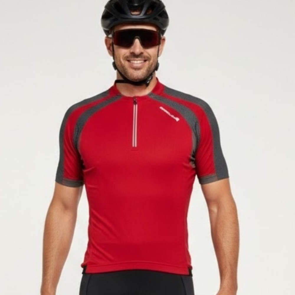 ENDURA Men's Red Gray Cycling Jersey Short Sleeve Quarter‎ Zip L Gorpcore